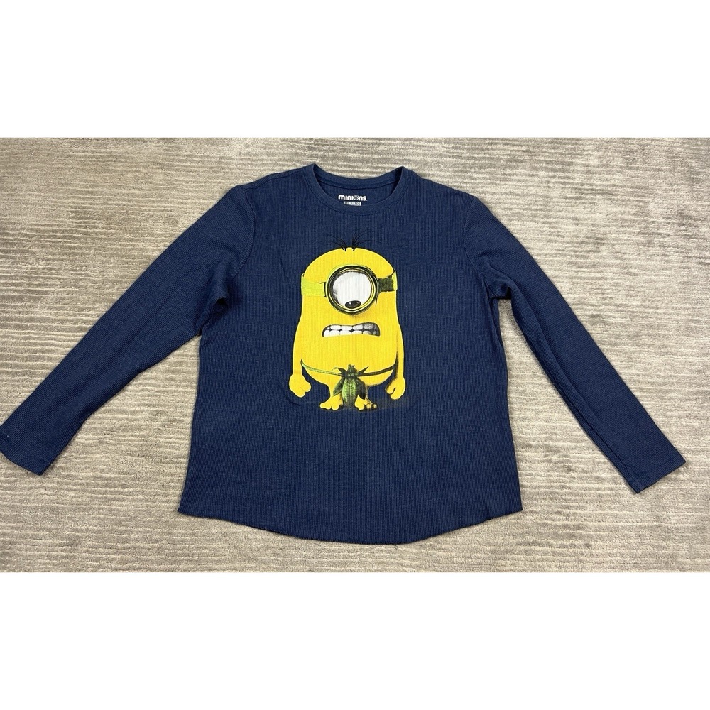 Minions‎ Shirt Mens XL Blue Long Sleeve Waffle Knit Cotton Blend Graphic